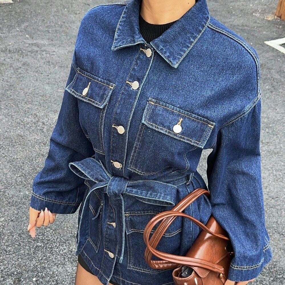 Dark Wash Casual Women's Denim Jacket with Waist Pocket - Picture 3 of 6